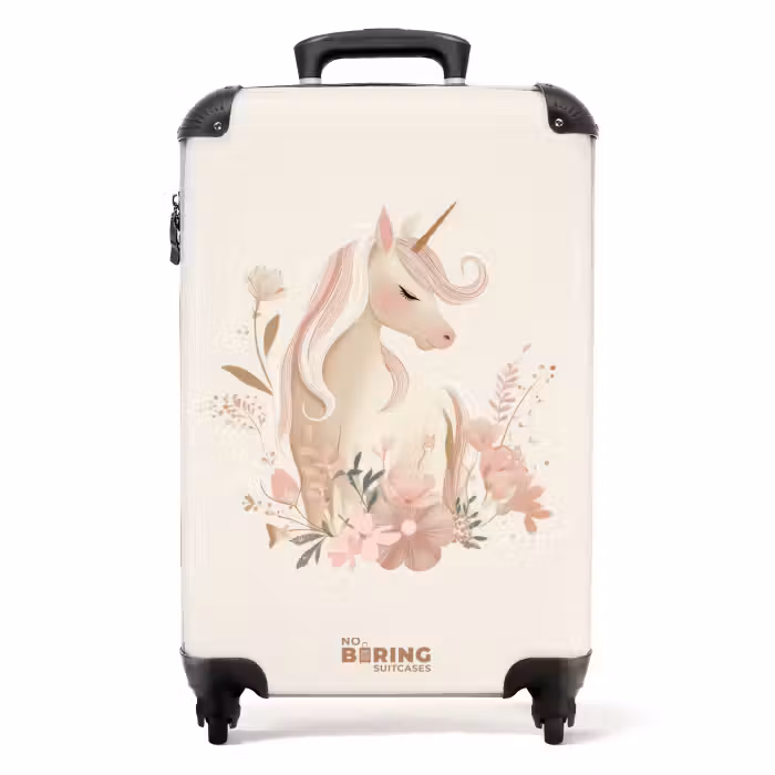 Suitcase - Unicorn among flowers in pink pastel colors