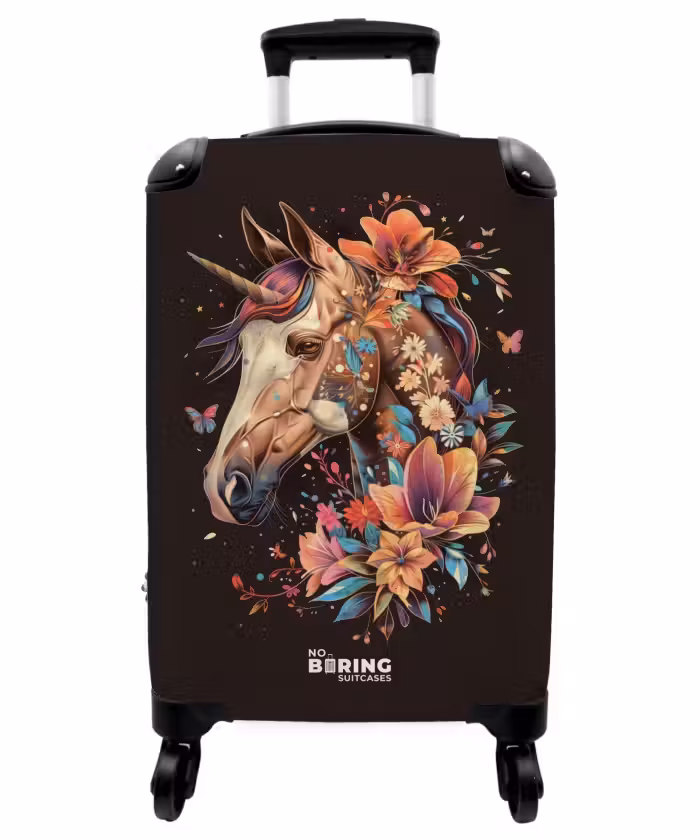 Suitcase - Unicorn and Flowers on Black Background