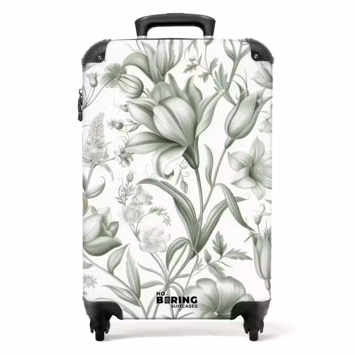 Suitcase - Vintage flowers - light green with white