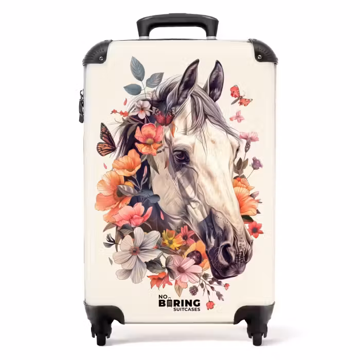 Suitcase - White horse head surrounded by flowers and butterflies