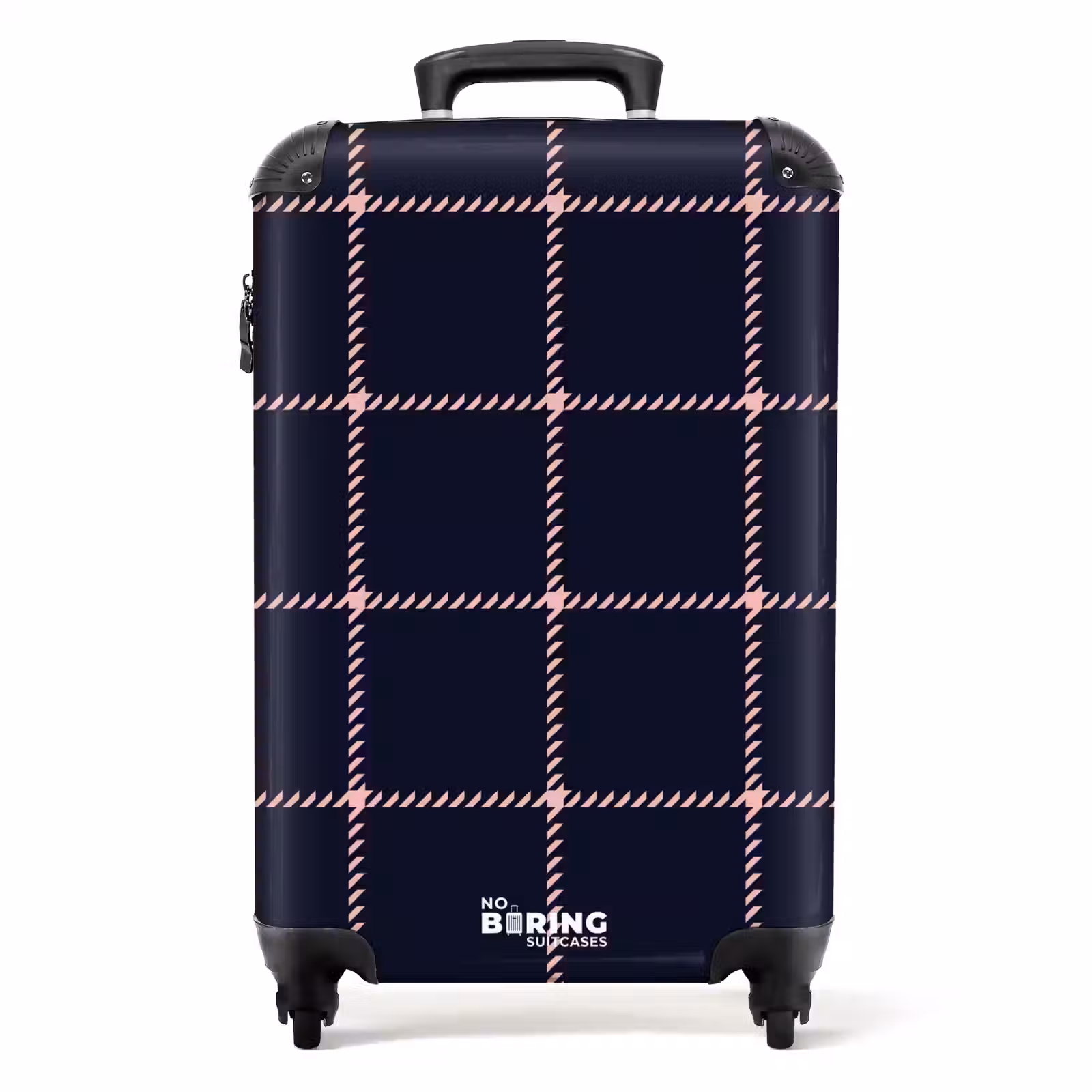 Suitcase - Dark blue plaid pattern with pink herringbone lines — 1