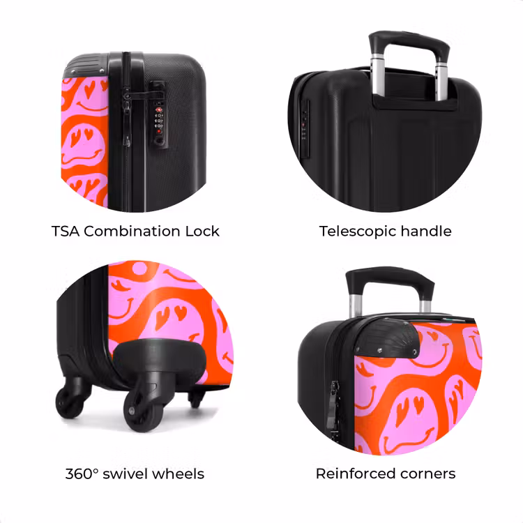 Suitcase - Abstract smiley face figures with heart eyes on red and pink — 8