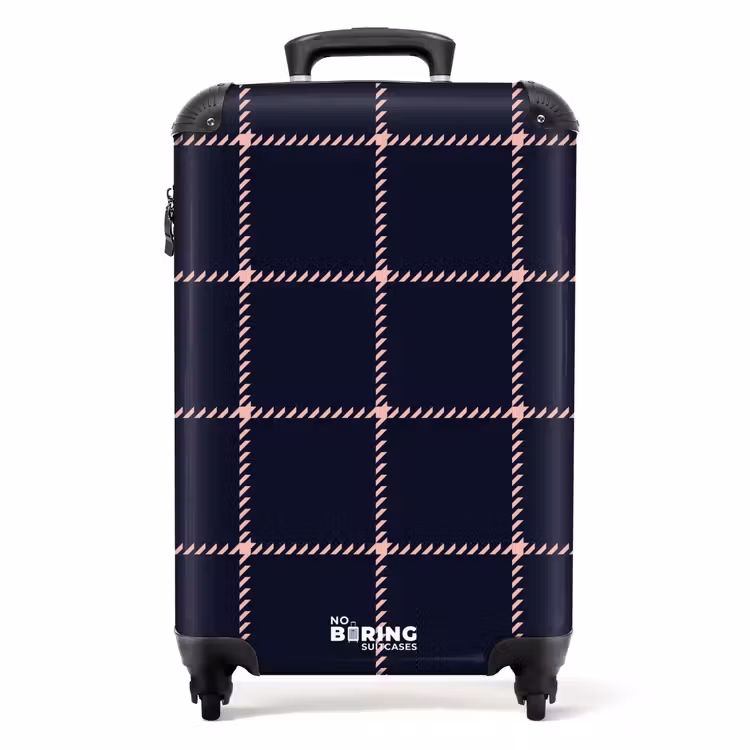 Suitcase - Dark blue plaid pattern with pink herringbone lines — 1