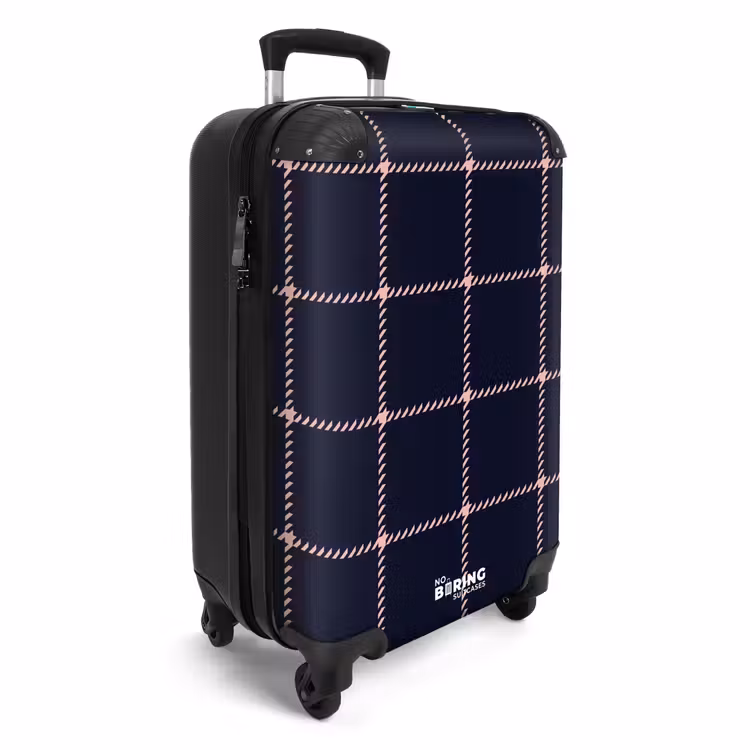 Suitcase - Dark blue plaid pattern with pink herringbone lines — 2