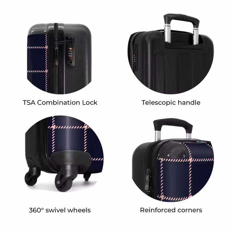Suitcase - Dark blue plaid pattern with pink herringbone lines — 8