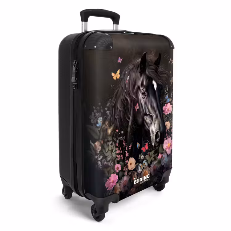 Suitcase - Black horse with white blaze and colorful flowers — 2