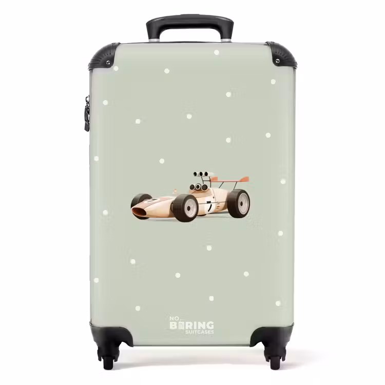 Suitcase - Beige retro race car on green polka dots background — 1