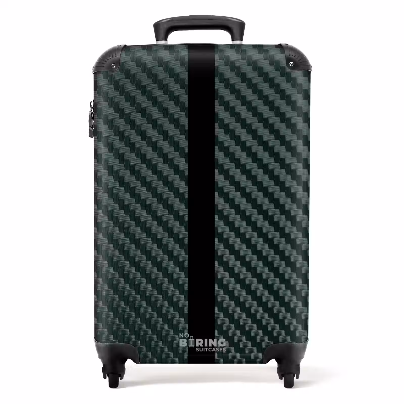 Suitcase with name - Green carbon structure with black center stripe — 1