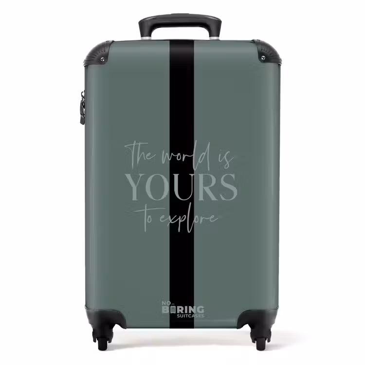 Suitcase with name - Green background with text The world is yours to explore — 1