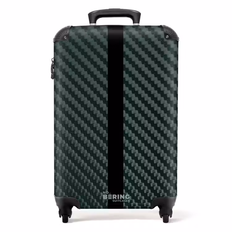 Suitcase with name - Green carbon structure with black center stripe — 1
