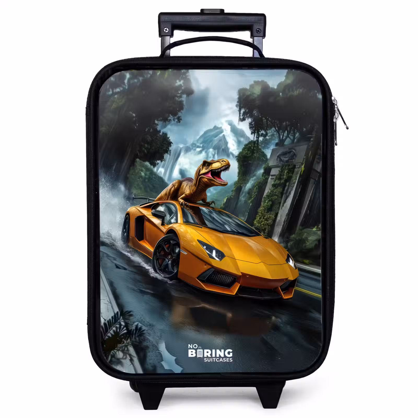 Children's suitcase - T-Rex on orange sports car in rainy forest — 1