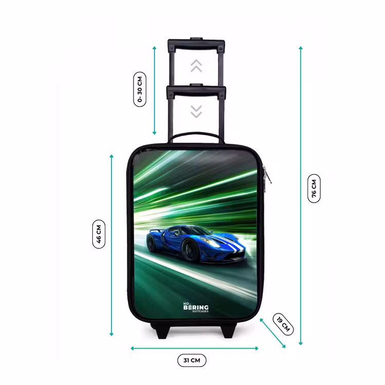 Children's suitcase - Blue race car with stripes in green tunnel — 3