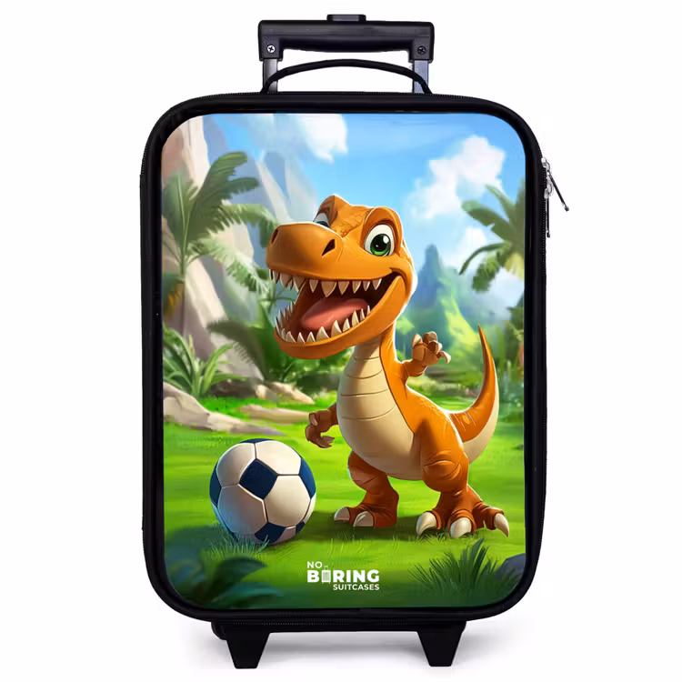 Children's suitcase - Dino with a soccer in green landscape — 1
