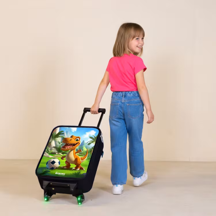 Children's suitcase - Dino with a soccer in green landscape — 2