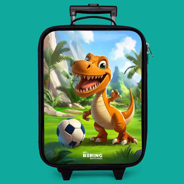 Children's suitcase - Dino with a soccer in green landscape — 4