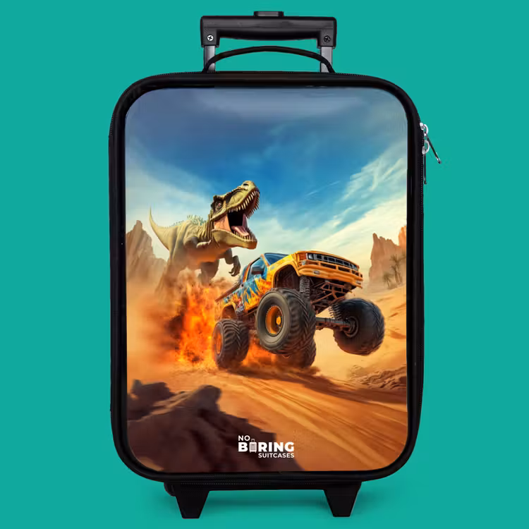 Children's suitcase - Fleeing truck for T-Rex in fiery desert — 4