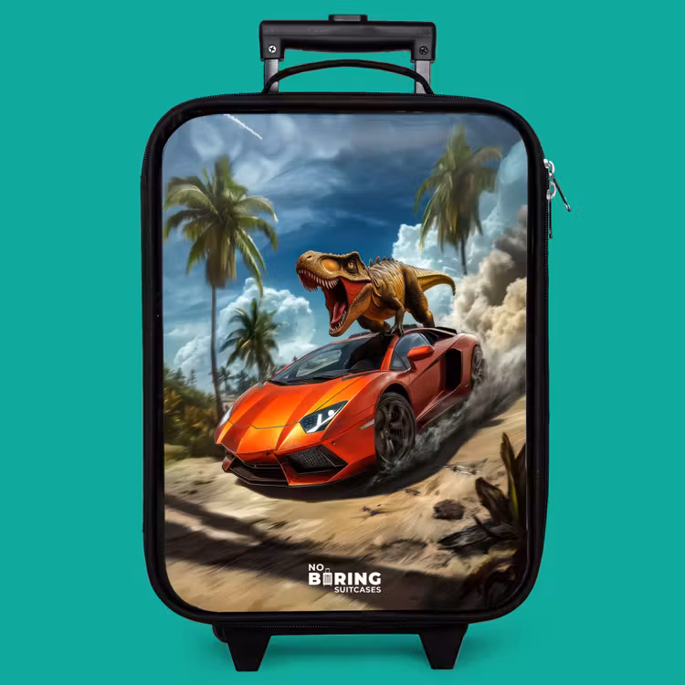 Children's suitcase - Red sports car with dino races through tropical beach — 4