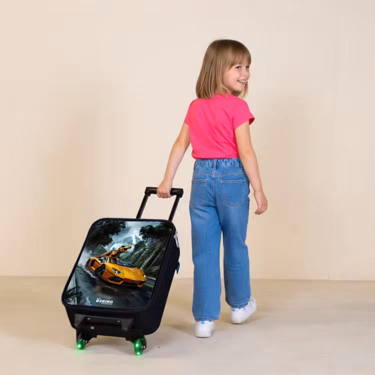 Children's suitcase - T-Rex on orange sports car in rainy forest — 2