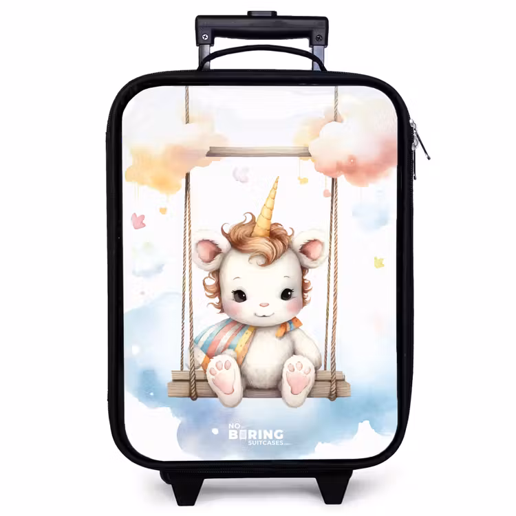 Children's suitcase - White baby unicorn on a swing in the clouds — 1