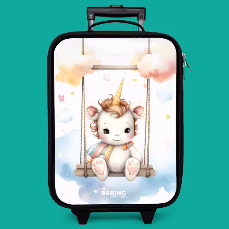 Children's suitcase - White baby unicorn on a swing in the clouds — 4