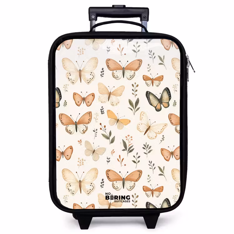 Children's suitcase - Butterflies in beige and orange tones among green leaves — 1
