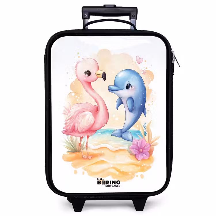 Children's suitcase - Pink flamingo and blue dolphin on a beach — 1