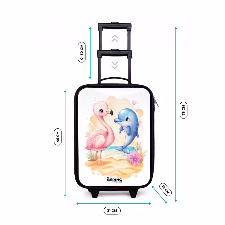 Children's suitcase - Pink flamingo and blue dolphin on a beach — 3