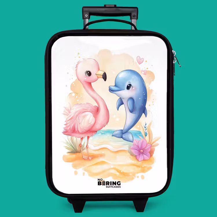 Children's suitcase - Pink flamingo and blue dolphin on a beach — 4