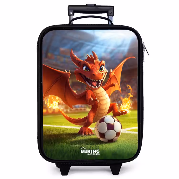 Children's suitcase - Red dragon plays soccer in sunny stadium — 1