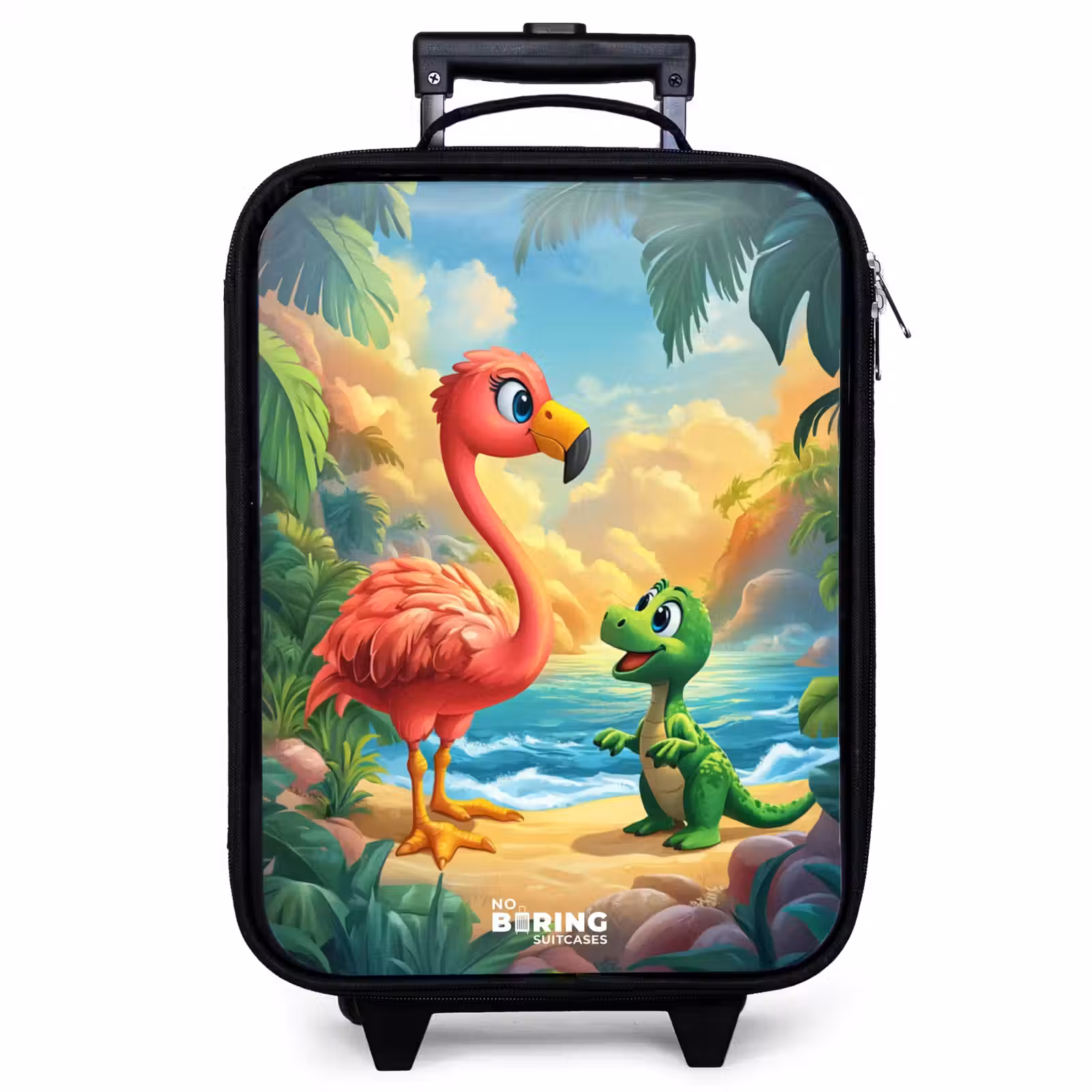 Children's suitcase - Flamingo and dinosaur on beach at sunset — 1