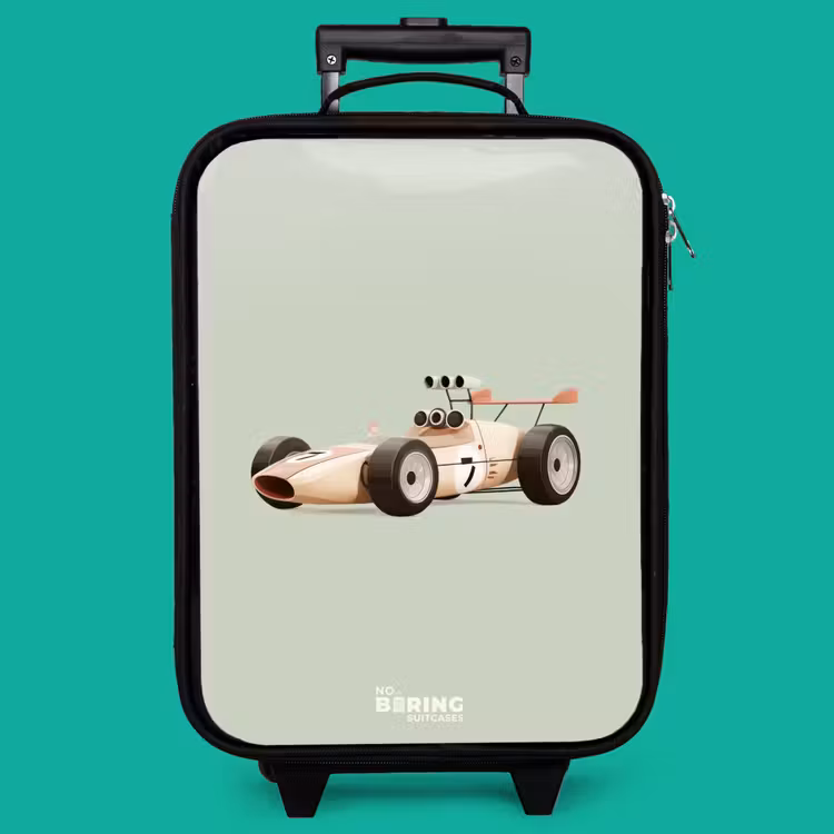Children's suitcase - Beige retro race car on green background — 4
