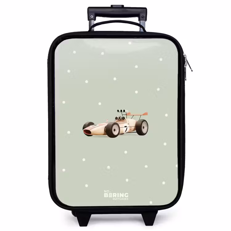 Children's suitcase - Beige retro race car on green polka dots background — 1
