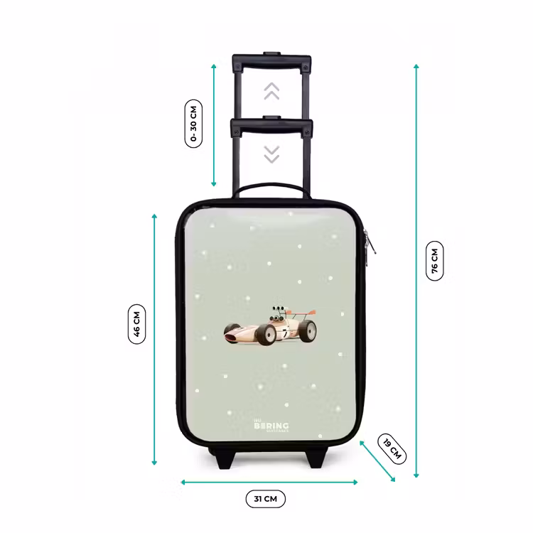 Children's suitcase - Beige retro race car on green polka dots background — 3