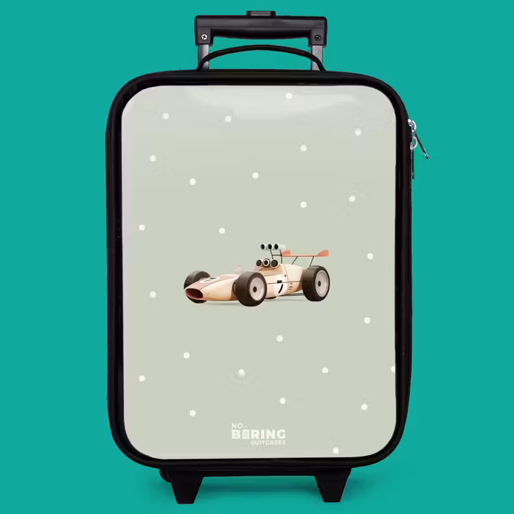 Children's suitcase - Beige retro race car on green polka dots background — 4