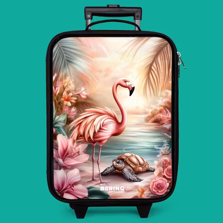 Children's suitcase - Flamingo and turtle on a pink beach. — 4