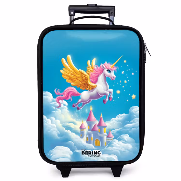 Children's suitcase - Flying unicorn with golden wings above castle — 1