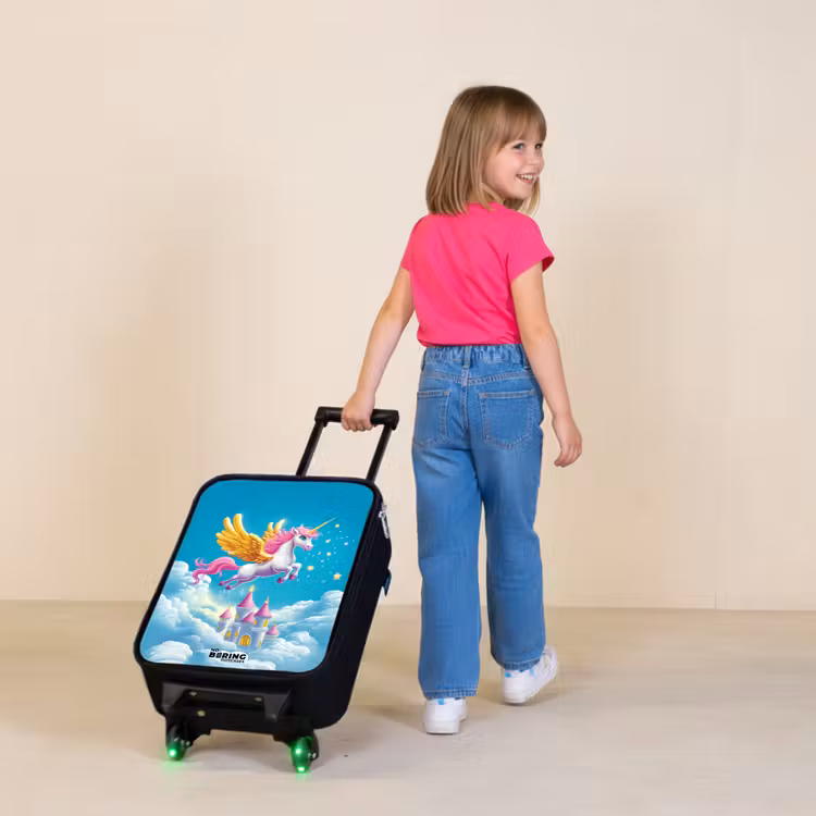 Children's suitcase - Flying unicorn with golden wings above castle — 2