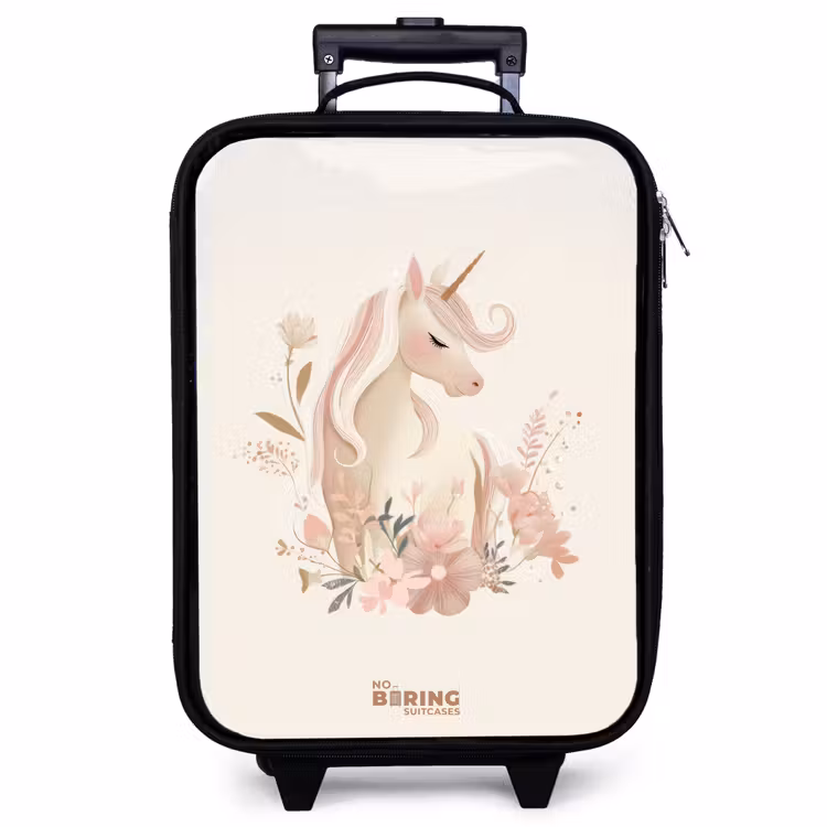 Children's suitcase - Unicorn among flowers in pink pastel colors — 1