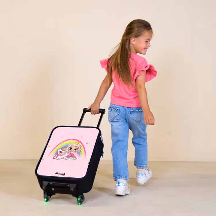 Children's suitcase - Princess and a unicorn at a rainbow pink — 1