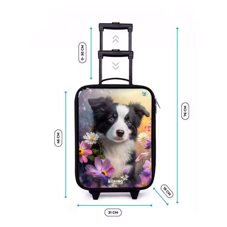 Children's suitcase - black and white puppy among colorful flowers — 2