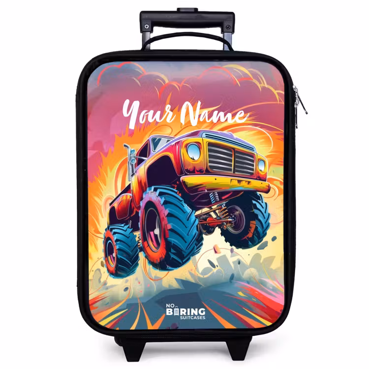 Children's suitcase - Pink Monster Truck Flies Over the Tarmac — 1