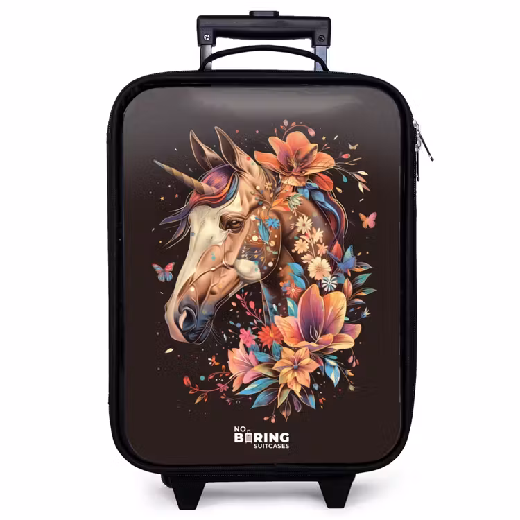 Children's suitcase - Unicorn and Flowers on Black Background — 1