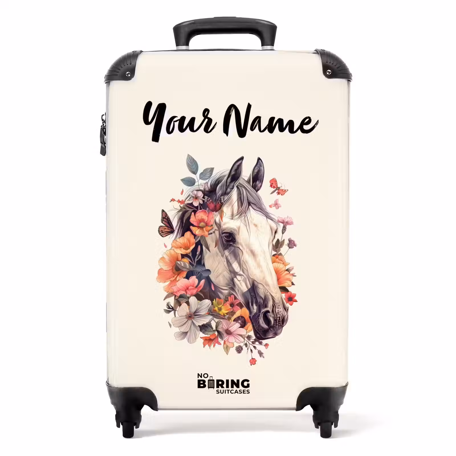 Suitcase with name - White horse head surrounded by flowers and butterflies — 1