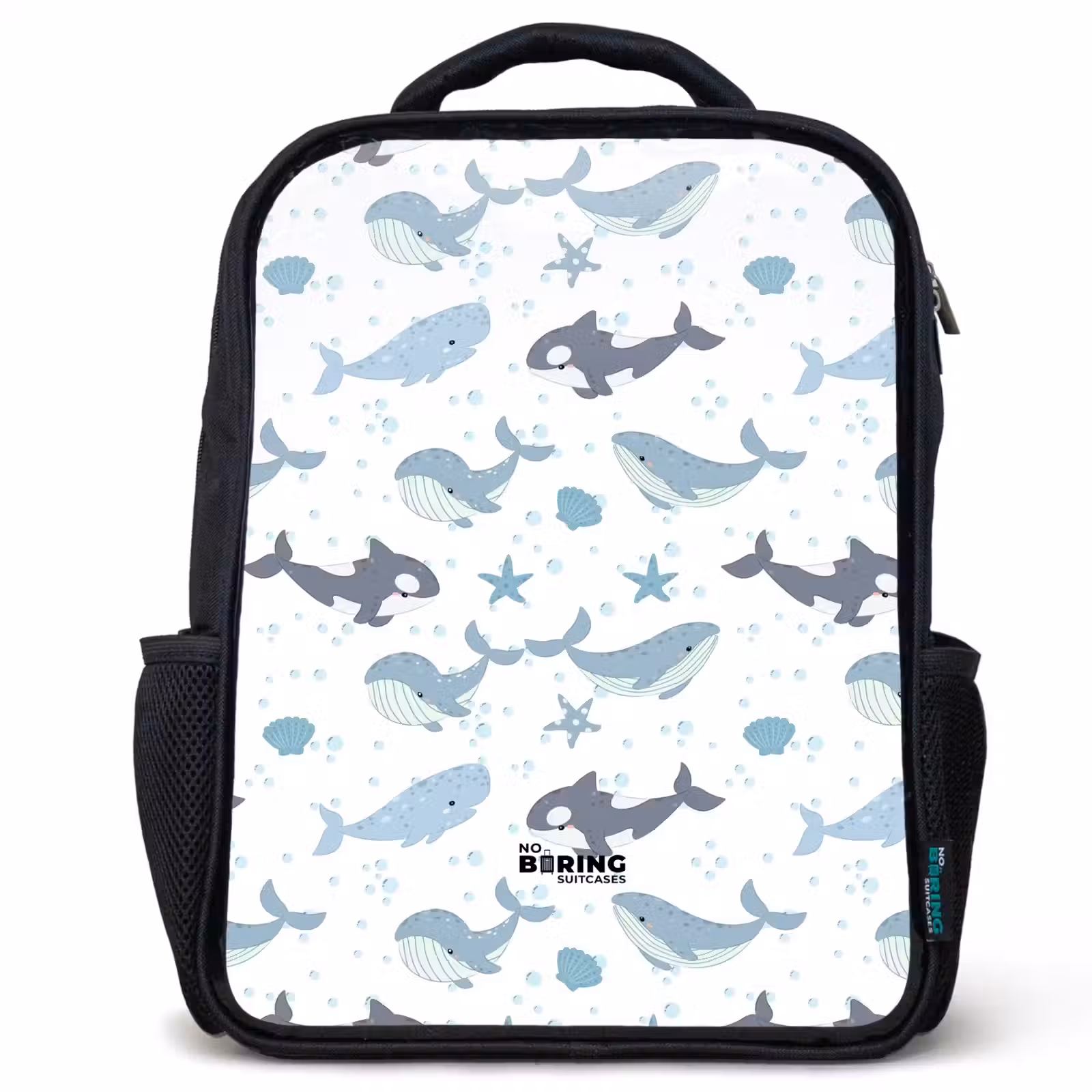 Kids backpack - Black - Whale pattern with shells blue — 1