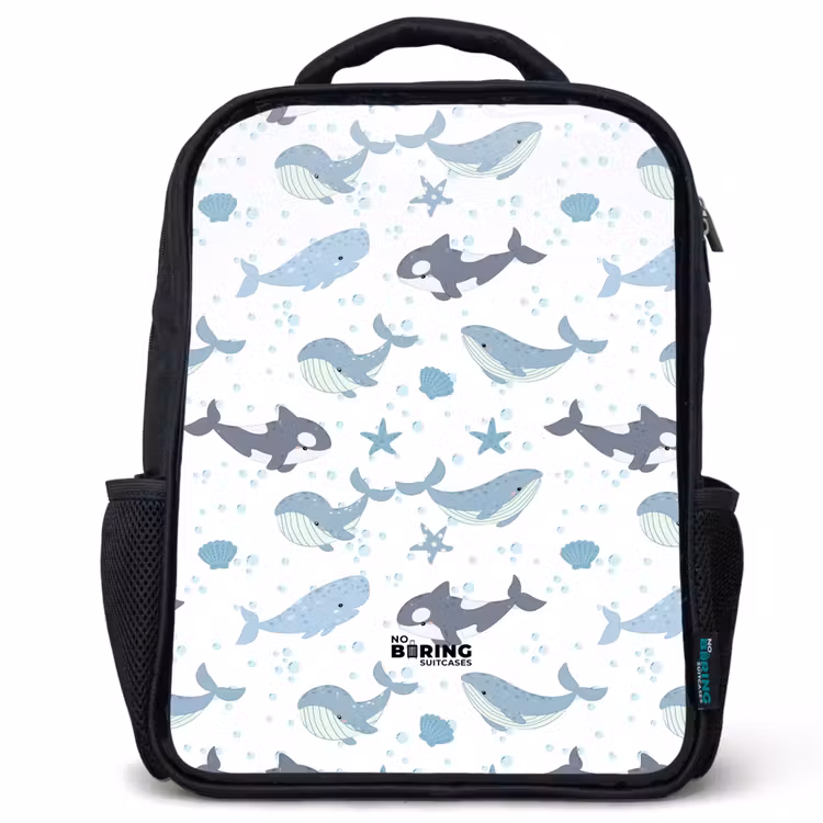 Kids backpack - Black - Whale pattern with shells blue — 1
