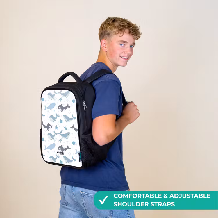 Kids backpack - Black - Whale pattern with shells blue — 10