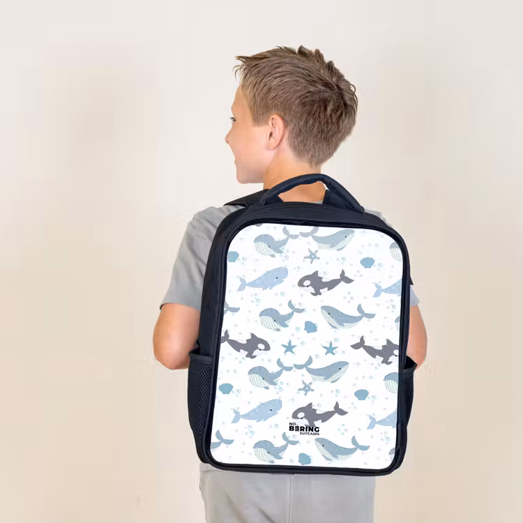 Kids backpack - Black - Whale pattern with shells blue — 2