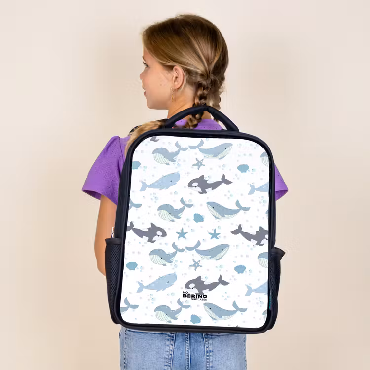 Kids backpack - Black - Whale pattern with shells blue — 4