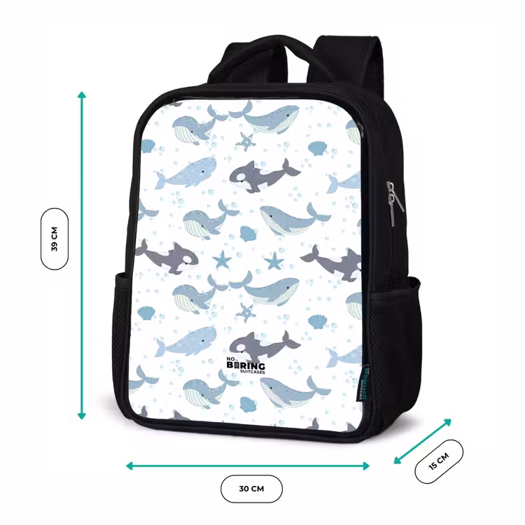 Kids backpack - Black - Whale pattern with shells blue — 7