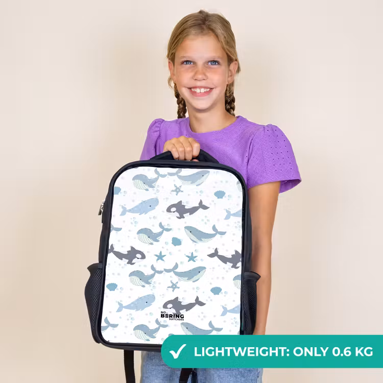 Kids backpack - Black - Whale pattern with shells blue — 8